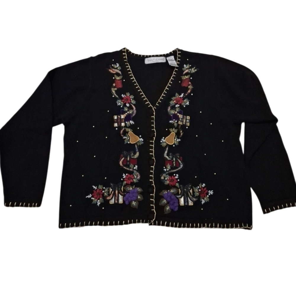 Vintage Victoria Jones Petite Ugly Christmas Cardigan Sweater Embroidered XL